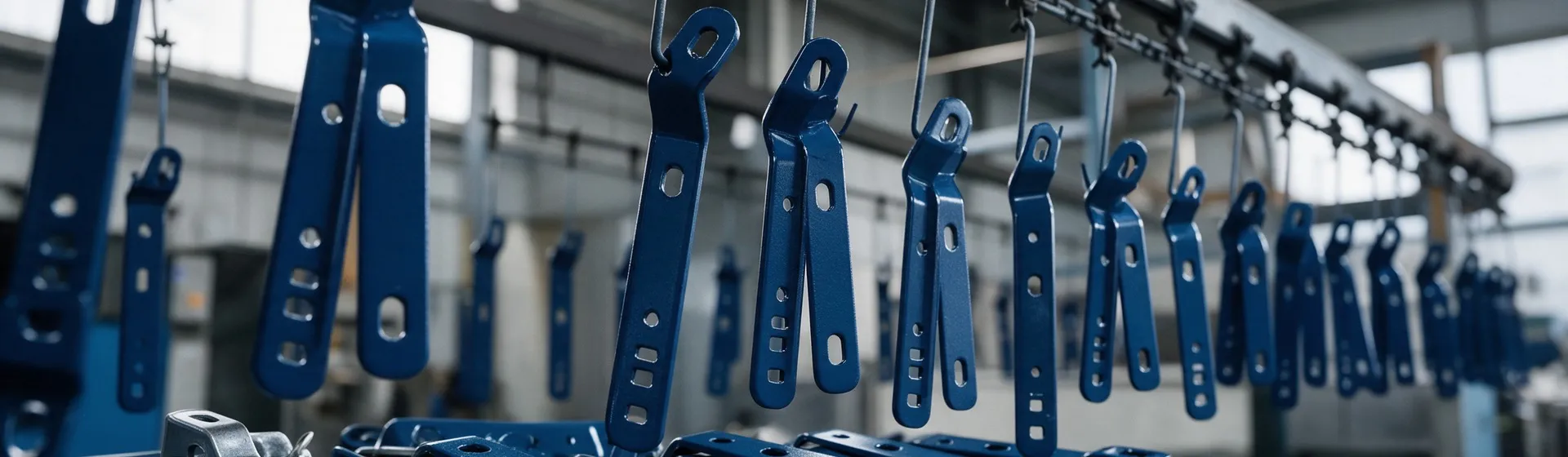 Blue-painted sheet metal brackets on the painting line, one of our surface finishes